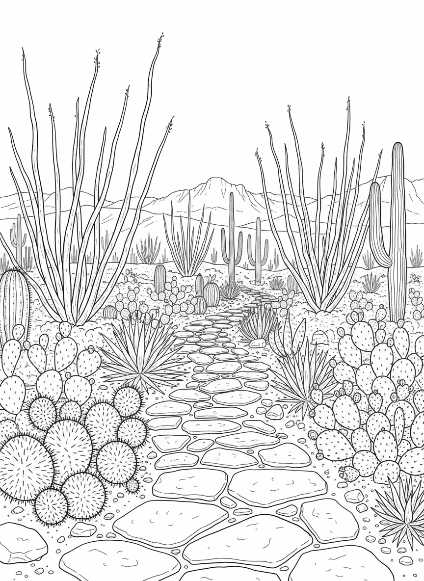 Desert Botanical Garden pathway lined with various cacti species, including teddy bear cholla and ocotillo plants, with stepping stones