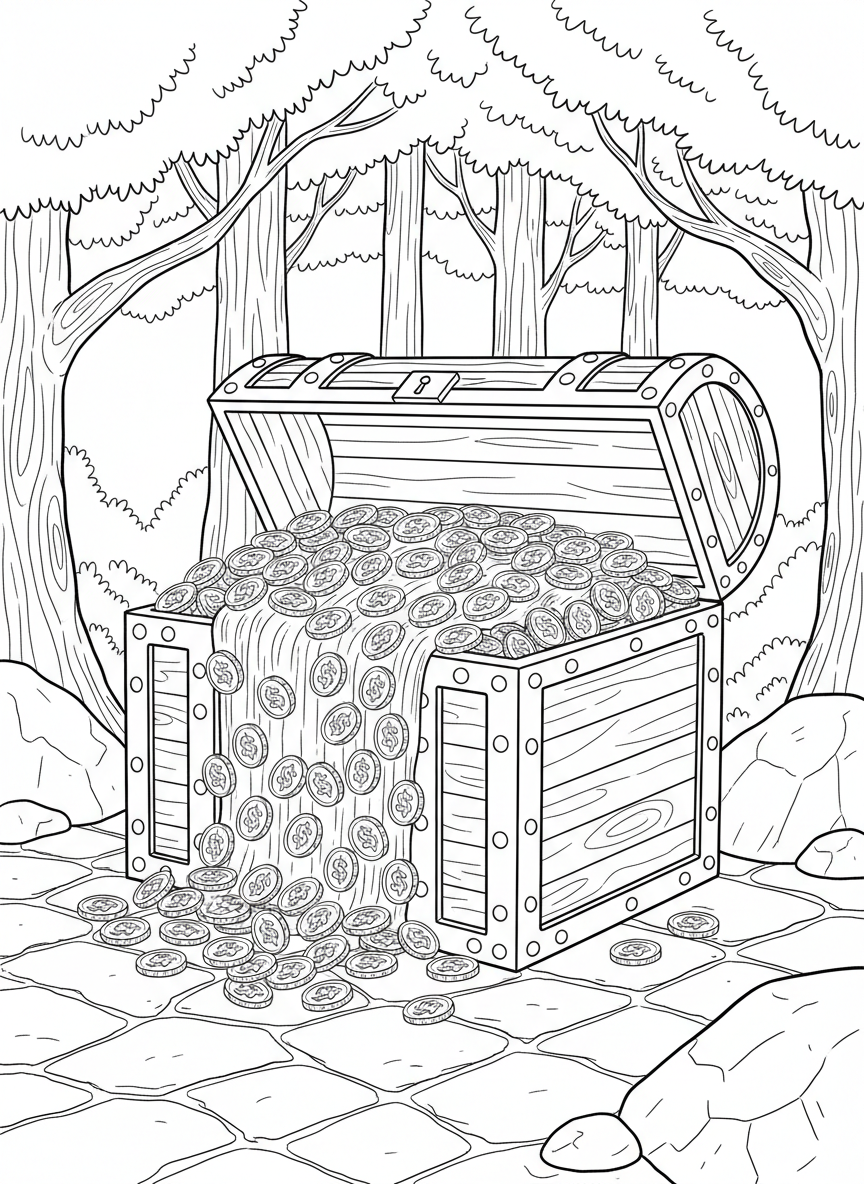 A treasure chest overflowing with 100 gold coins, some spilling out onto the ground