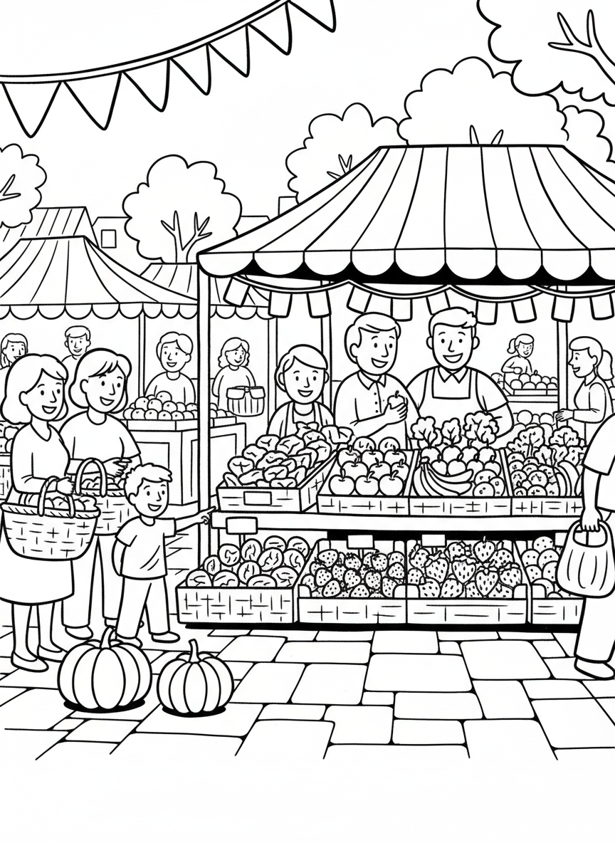 A bustling farmers market with vendors selling fresh fruits and vegetables, families shopping with baskets, and a cheerful canopy tent overhead.