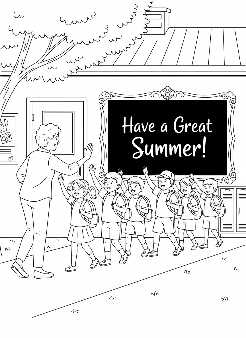 A teacher giving high-fives to students as they exit the classroom, with a chalkboard saying 'Have a Great Summer!' behind them