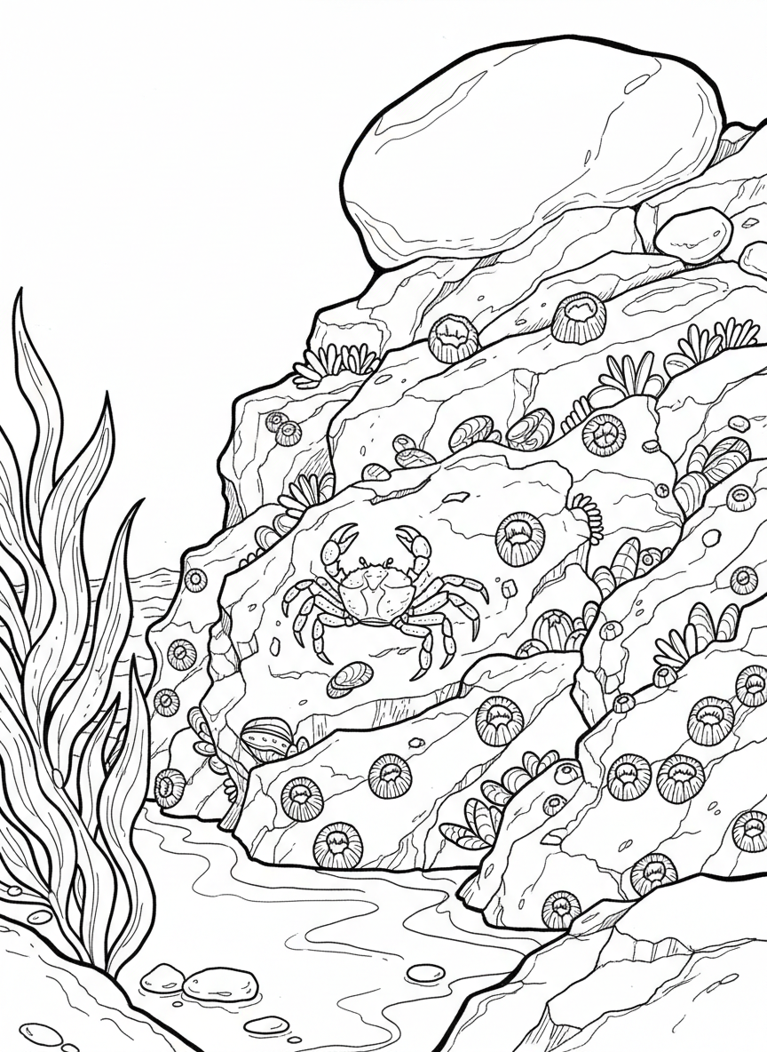 Detailed tide pool ecosystem showing layered rocks with mussels, barnacles, and a small crab climbing up, complex composition