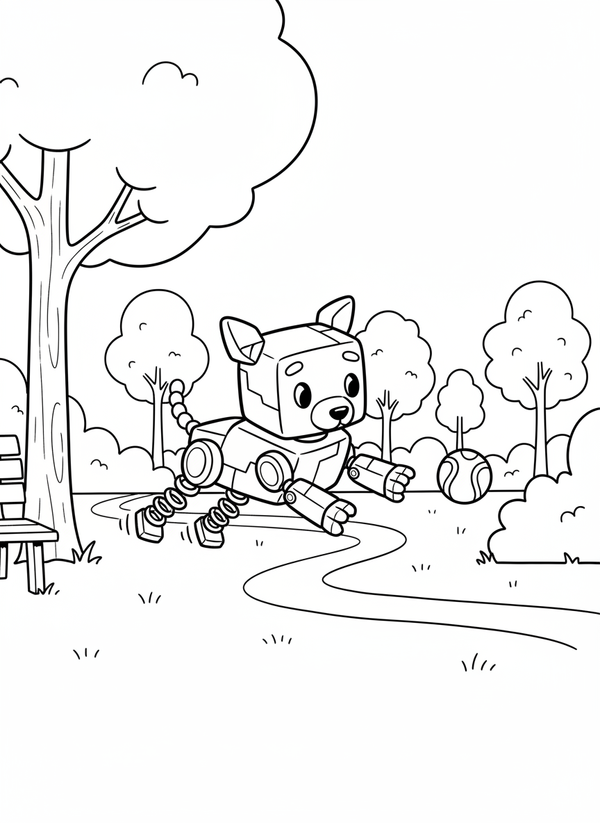 A cute boxy robot pet dog with springs for legs playing fetch with a ball in a park setting.