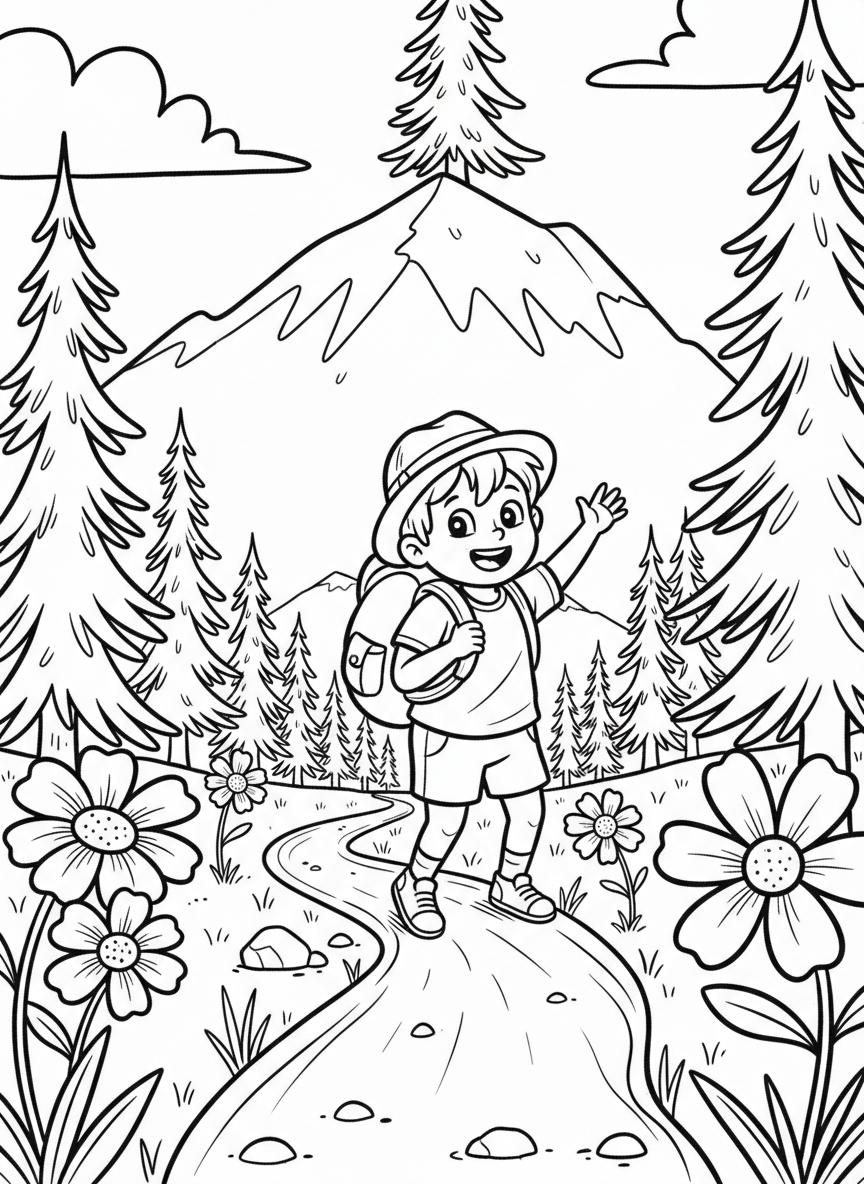 A cheerful child with a backpack hiking up a mountain trail, surrounded by pine trees and wildflowers, with a clear path winding ahead.