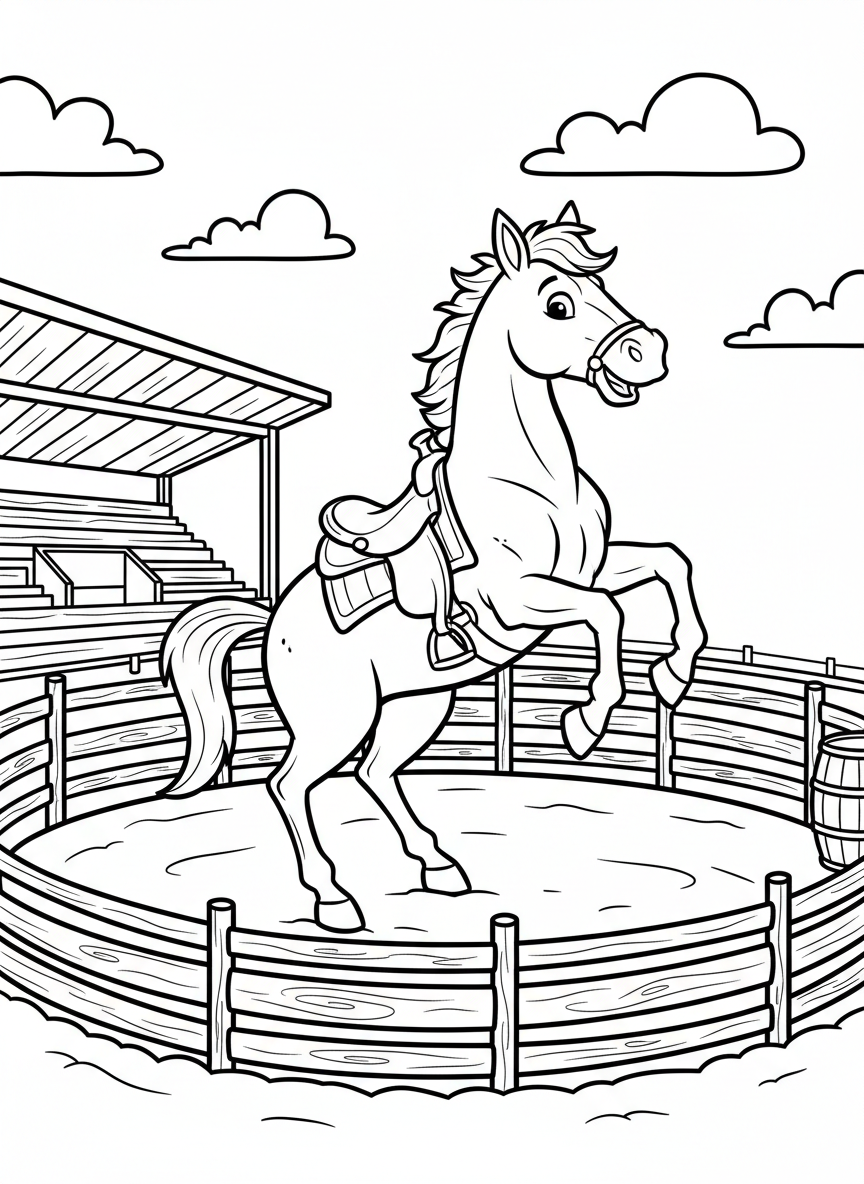 A friendly bucking bronco with a saddle, kicking up its back legs in a rodeo ring with a fence in the background.