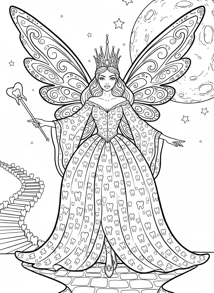 A detailed tooth fairy portrait with elaborate wings, a tiara, and a dress decorated with tiny teeth patterns