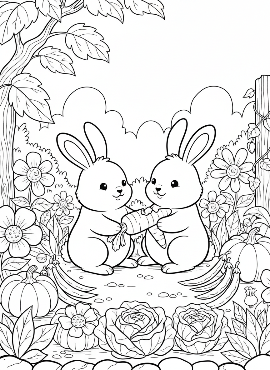 Two bunnies sharing a carrot in a garden with flowers and vegetables, cute animal friendship scene.