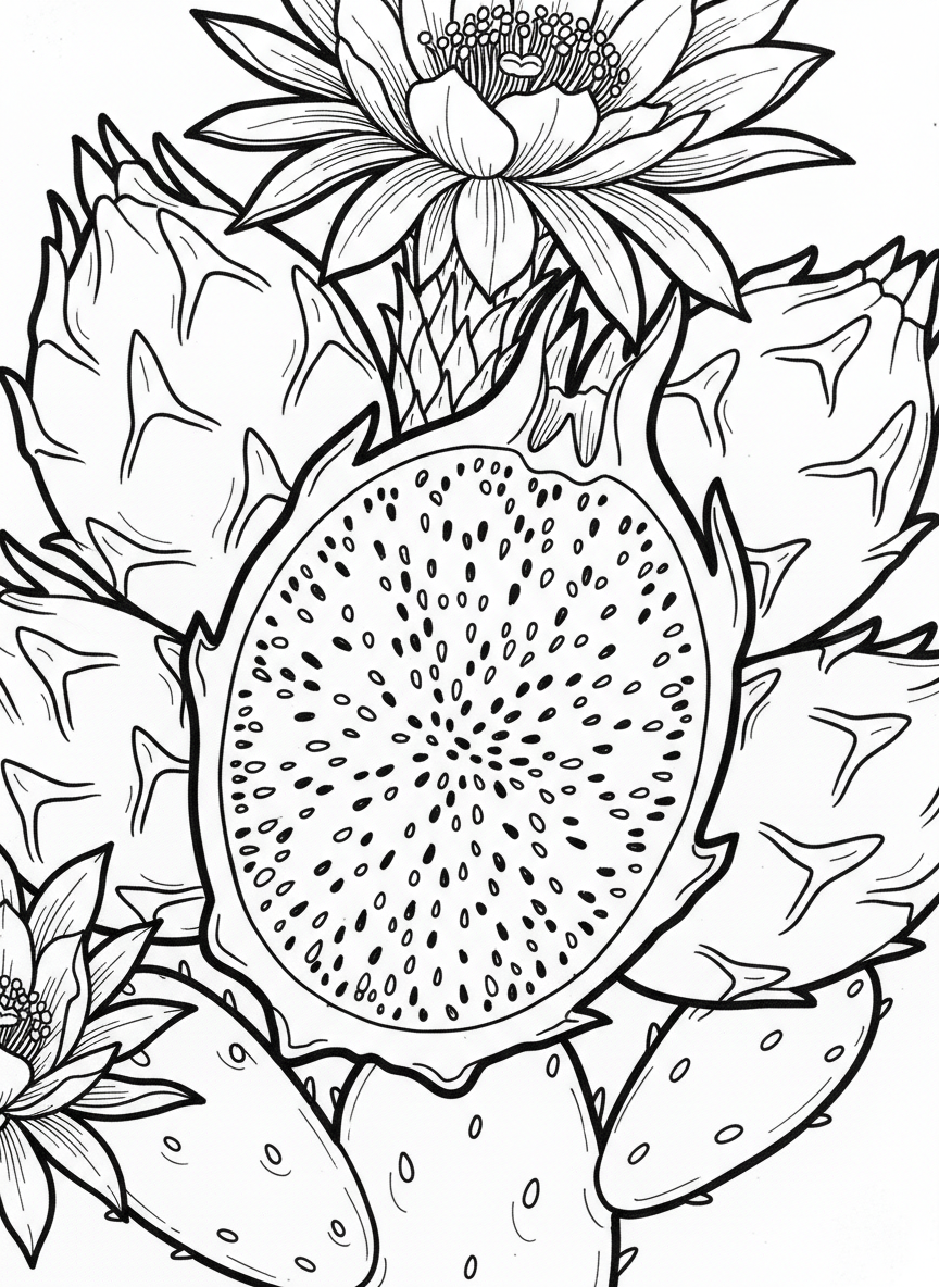 Dragon fruit cut open showing spotted interior, with cactus flowers and whole fruits nearby