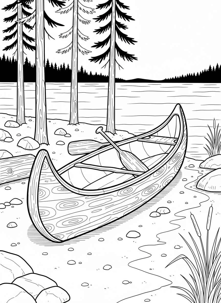 A cozy hand-carved canoe with paddles, resting on a peaceful lake shore with pine trees, artisan-inspired outline
