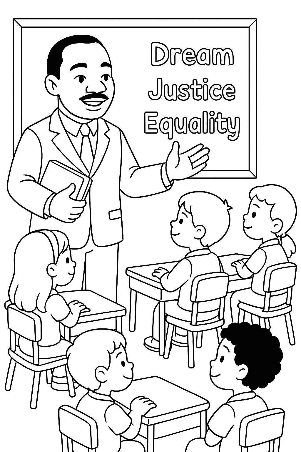 Martin Luther King Jr. speaking to a classroom of children, standing near a chalkboard with words like “Dream,” “Justice,” and “Equality,” students sitting at desks listening attentively, warm and inspiring educational setting