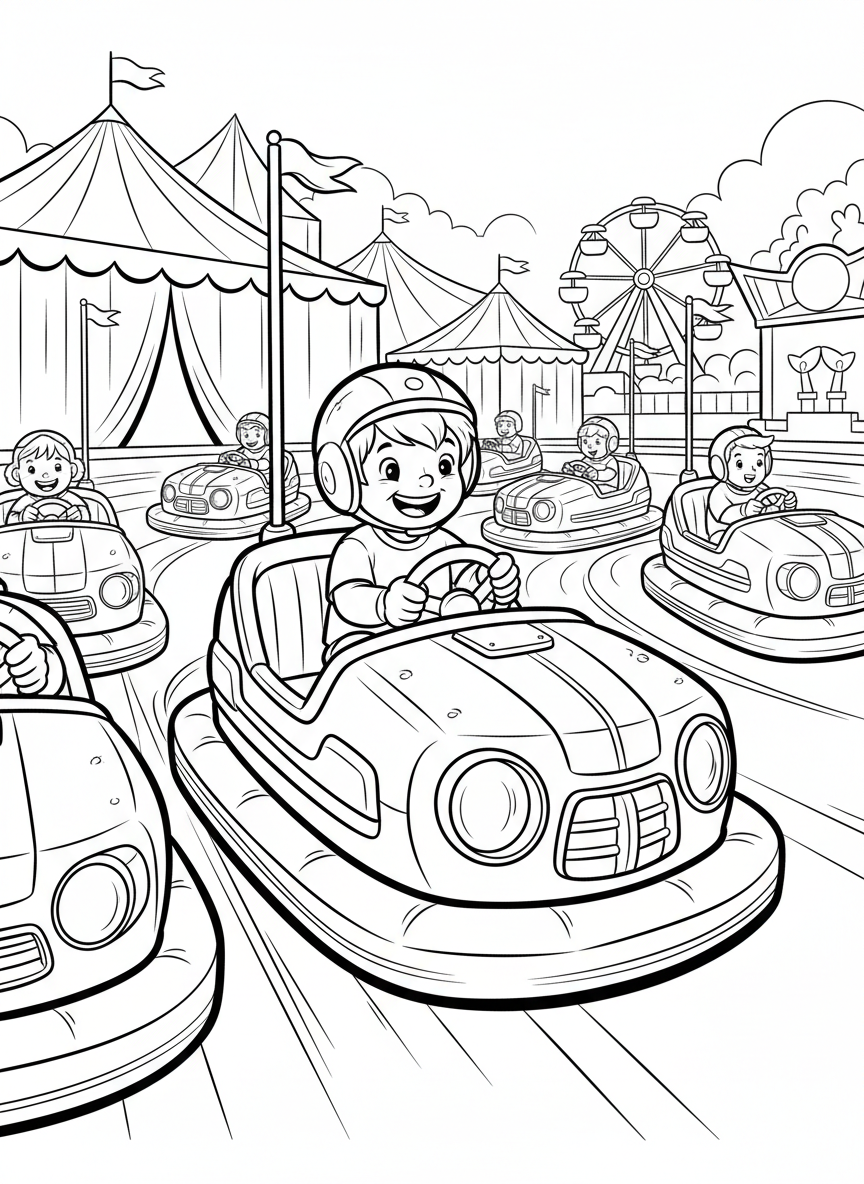 A carnival bumper car with a smiling child driver, surrounded by other colorful bumper cars on the track.