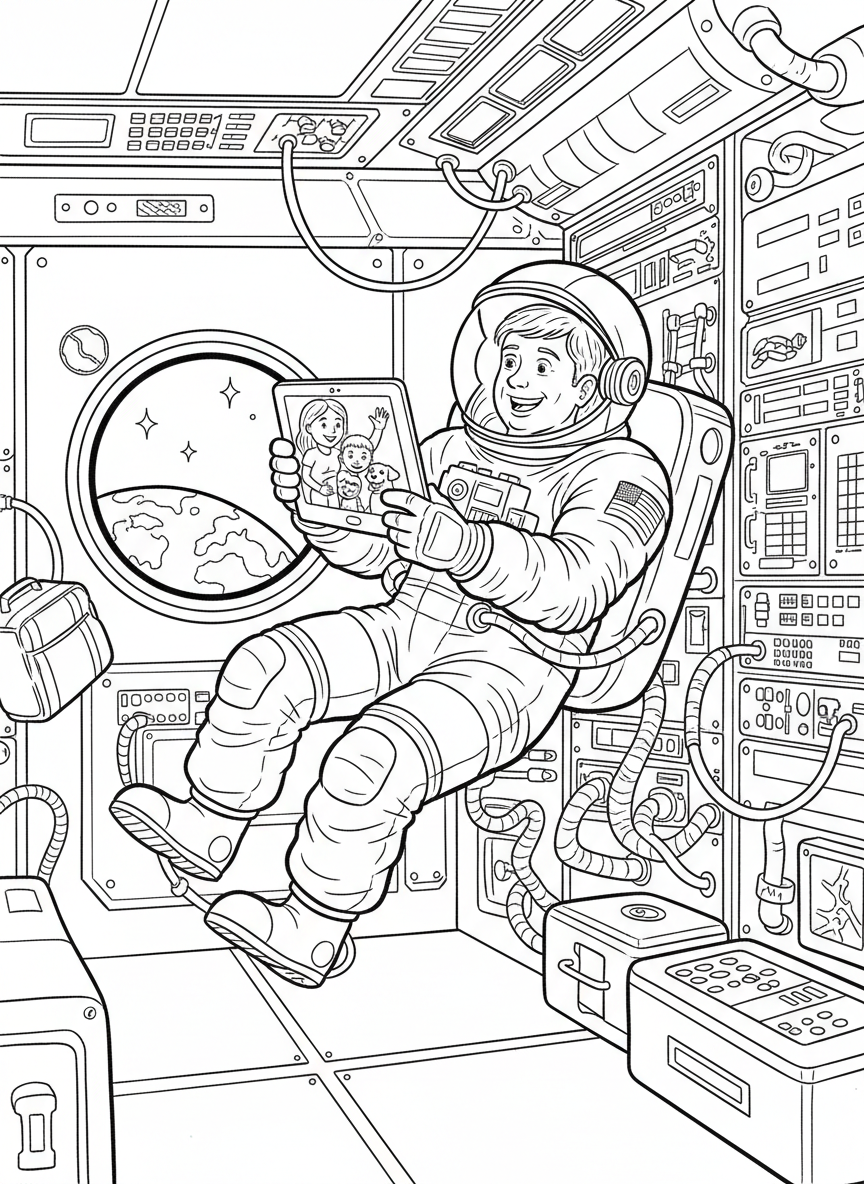 An astronaut video calling family on a tablet screen while floating in the space station, heartwarming communication moment