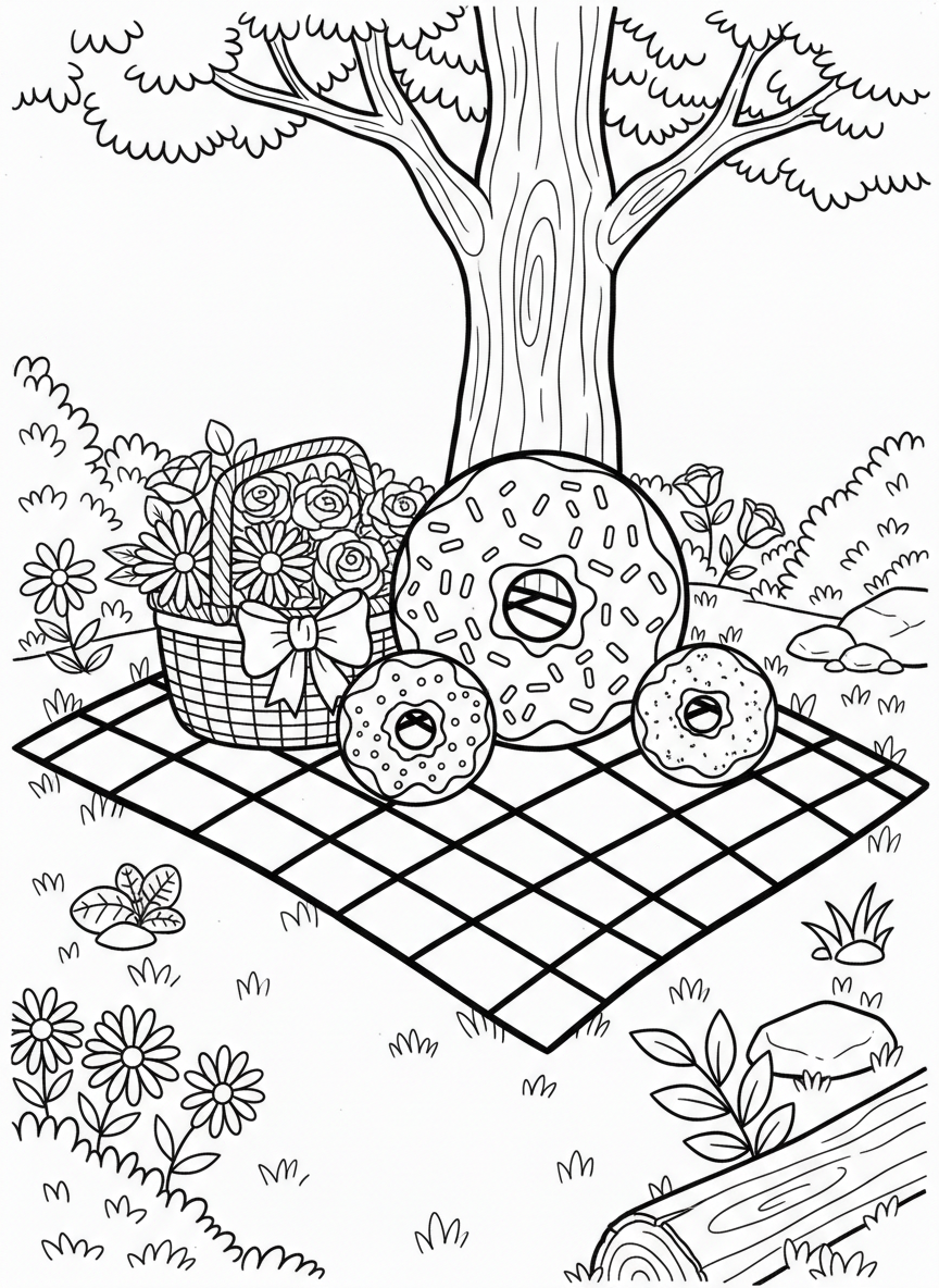 A family of donuts having a picnic in a park with a checkered blanket, basket, and flowers around them