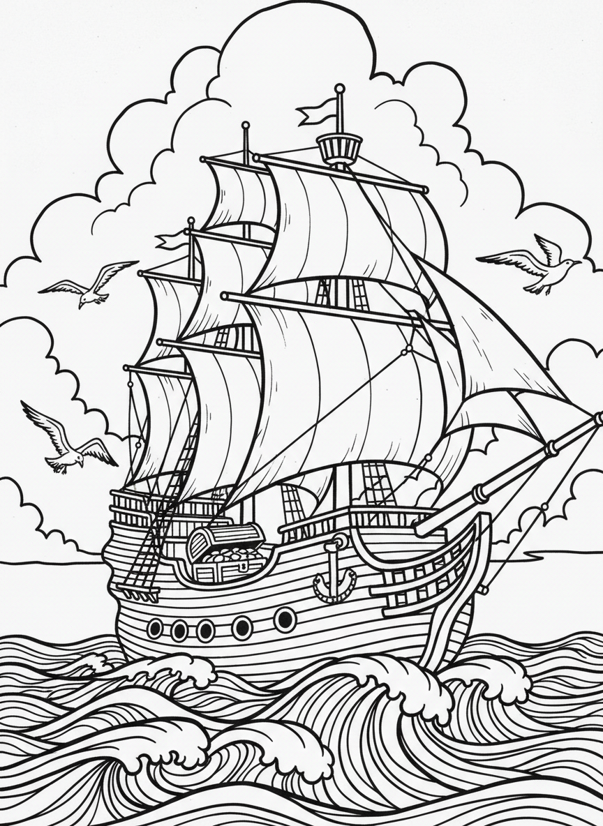 A pirate ship sailing on waves with a treasure chest visible on the deck and seagulls flying overhead