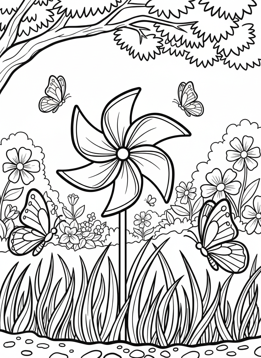 A colorful pinwheel spinning in a garden, with simple flower petals as blades, planted in grass with butterflies nearby.