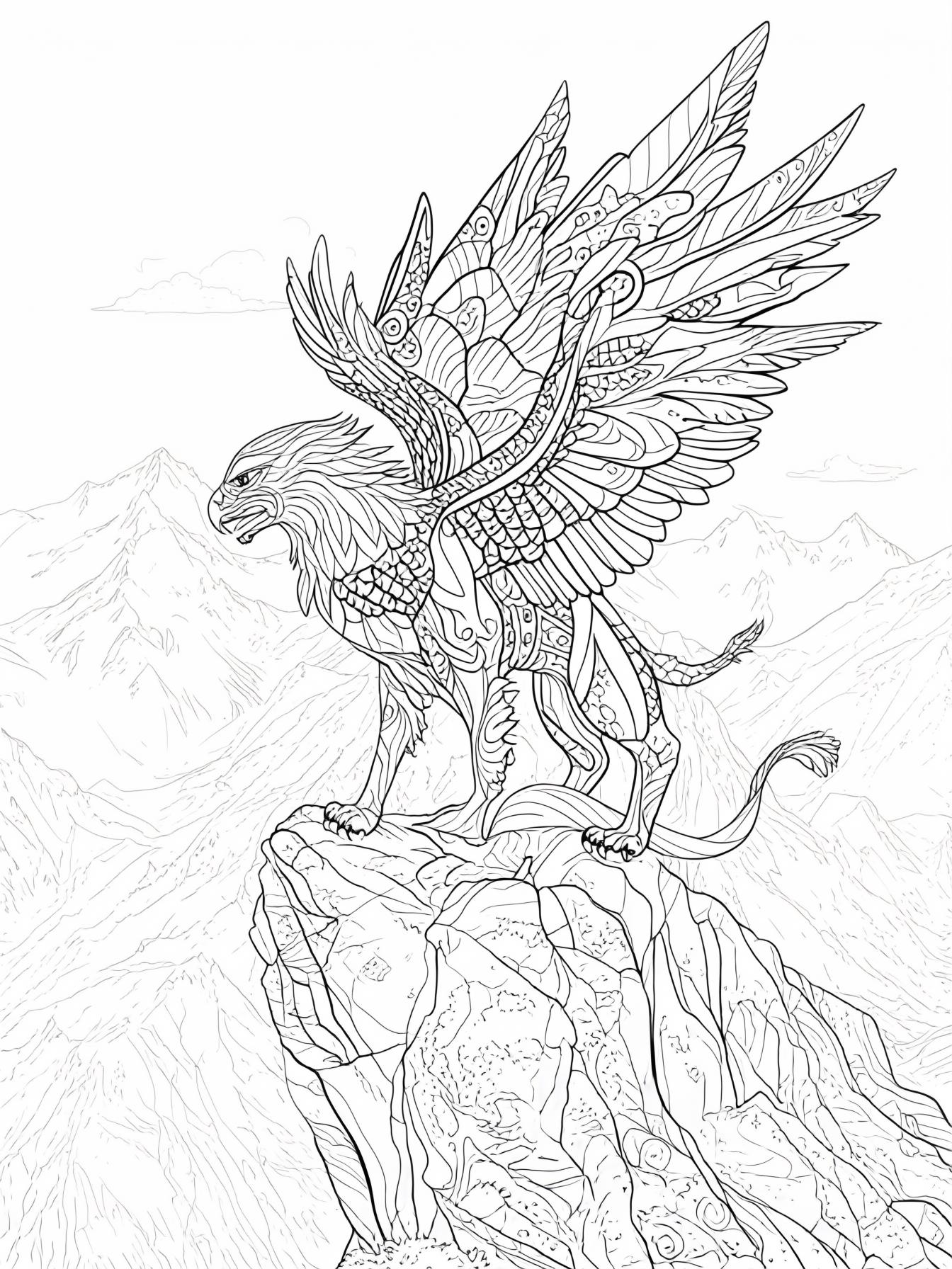 A griffin perched on a cliff, mountain peaks beyond