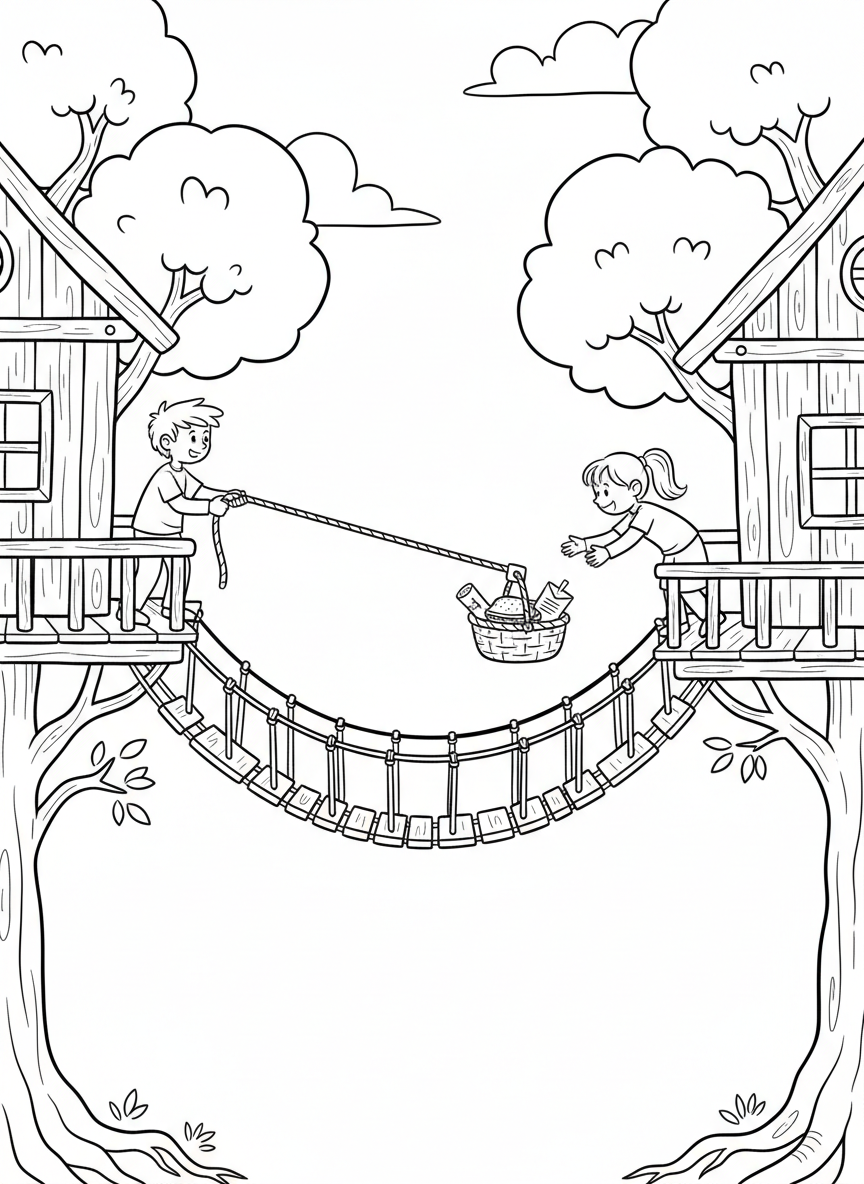 Two kids using a basket-and-pulley system to send snacks and letters between neighboring treehouses connected by a rope bridge.