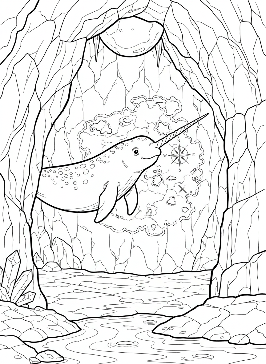 A narwhal using its tusk to point at a mysterious map carved into the cave wall, surrounded by ancient rock formations