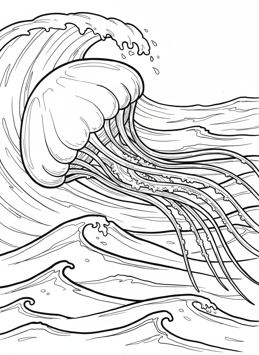 A Portuguese man o' war with its gas-filled float on the surface and long streaming tentacles below, shown in a side view with gentle ocean waves.