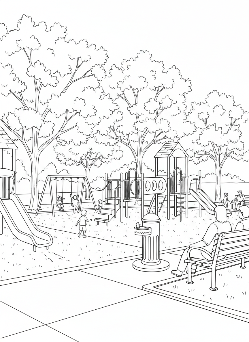 A playground scene with a drinking fountain and bench beside the play equipment, complete park setting