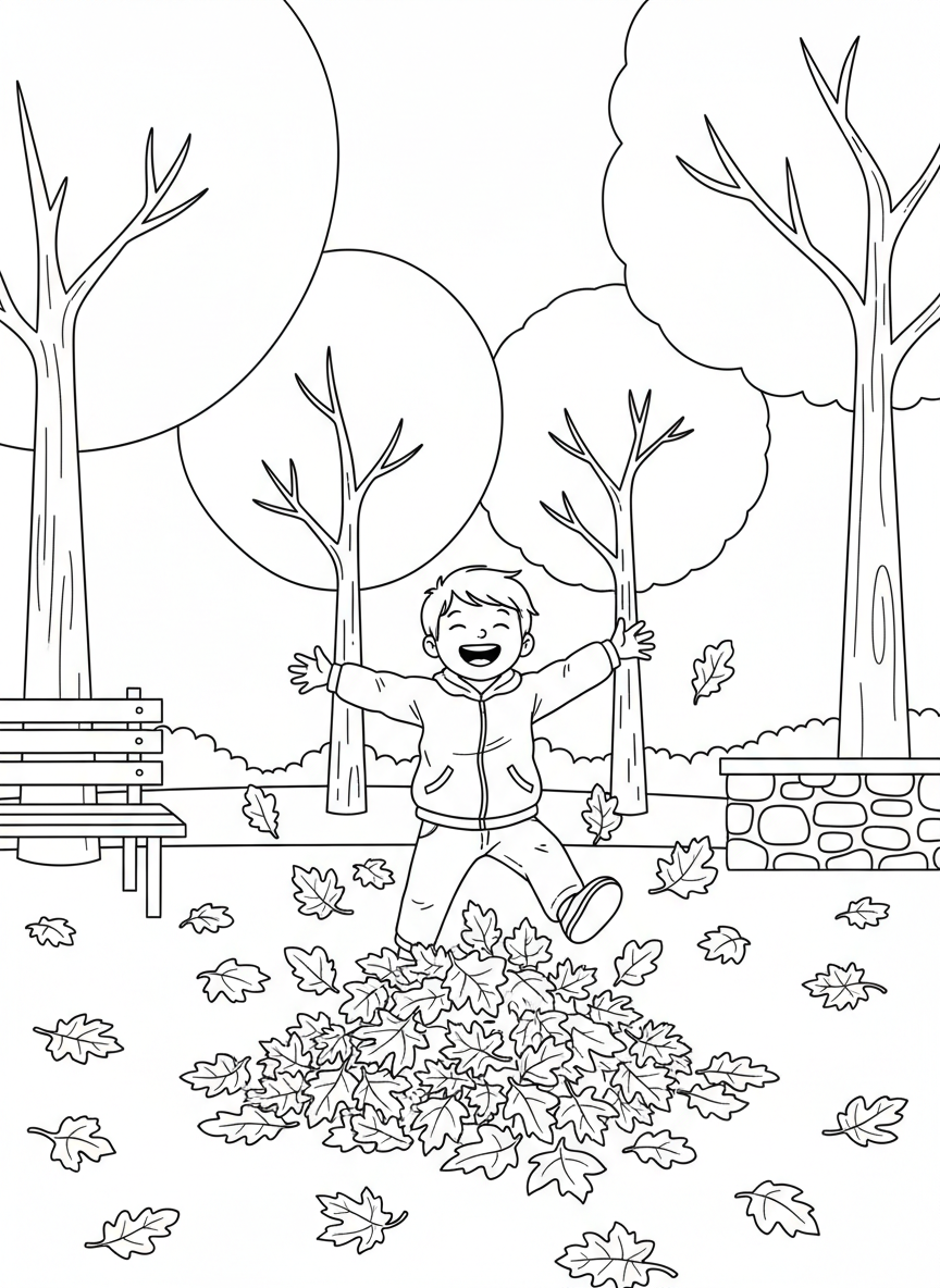 A child playing in falling autumn leaves, leaves scattered around, simple trees in background, clean bold outlines, no text, no logos