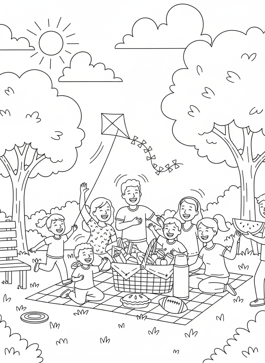 Labor Day Picnic coloring page prompts celebrating late-summer gatherings, relaxation, and seasonal transition.	An afternoon breeze moving through trees as laughter carries softly.