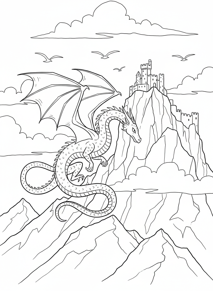 A dragon flying over mountain peaks with a castle perched on the highest cliff, clouds drifting below, and birds in the sky.