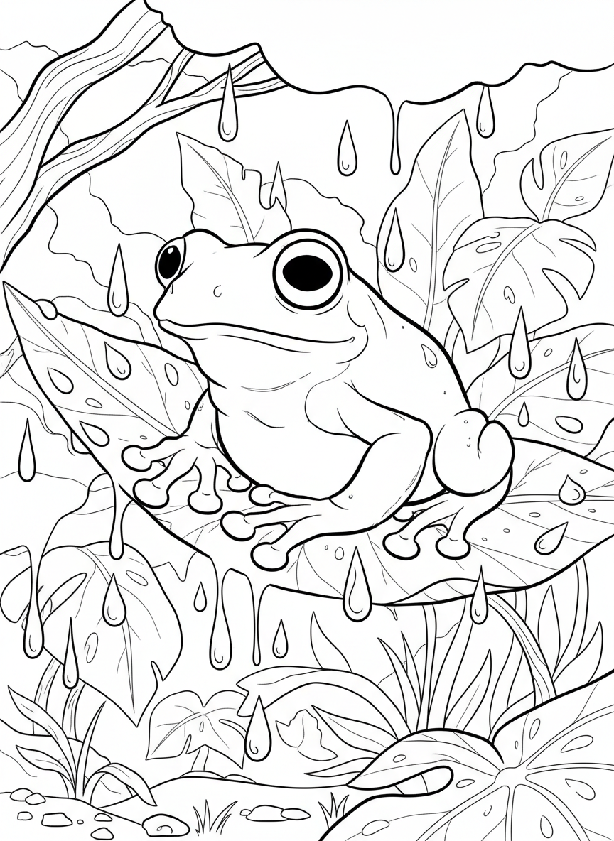 A tiny tree frog sitting on a large leaf, with big eyes, sticky toe pads, and raindrops around it.