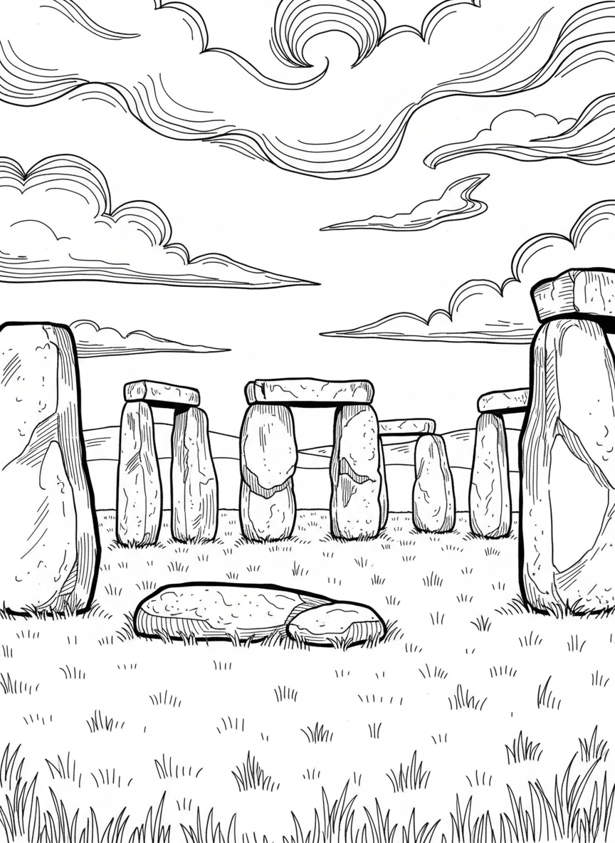 Stonehenge with the large standing stones arranged in a circle, grass and open sky, simple prehistoric monument scene.