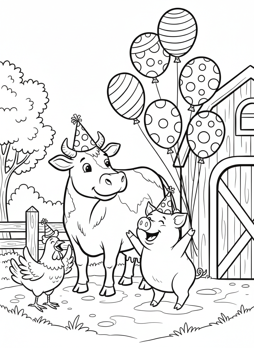 A group of farm animals (cow, pig, chicken) wearing party hats and celebrating together with balloons