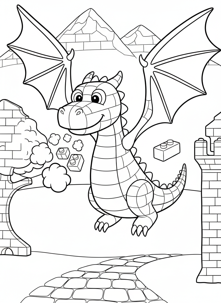 A toy brick dragon with wings spread wide, blocky scales, and a friendly face breathing brick-shaped puffs of air.
