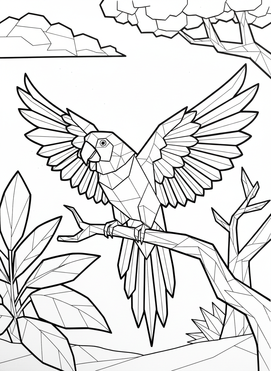 A detailed origami parrot perched on a branch with spread wings, showing intricate fold lines and feather patterns for older kids