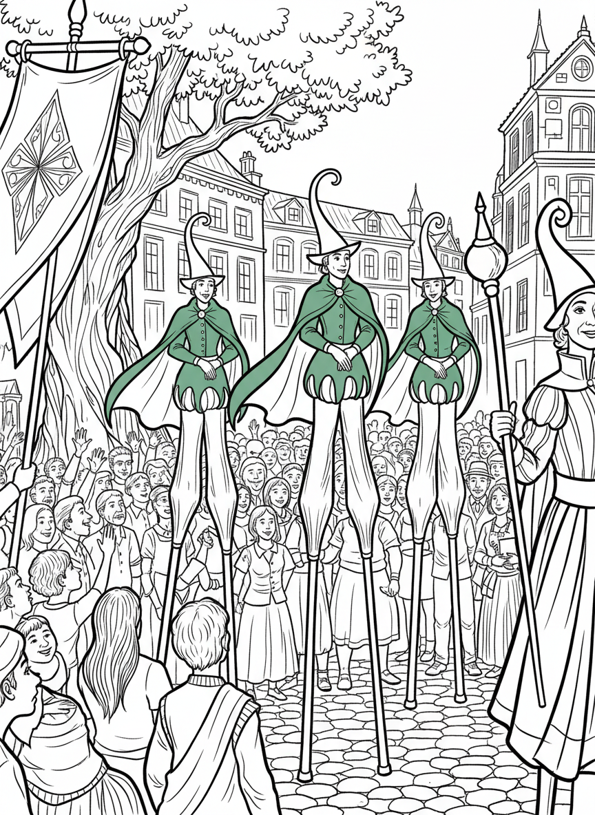 Street performers on stilts wearing green costumes and tall hats, walking above the parade crowd.