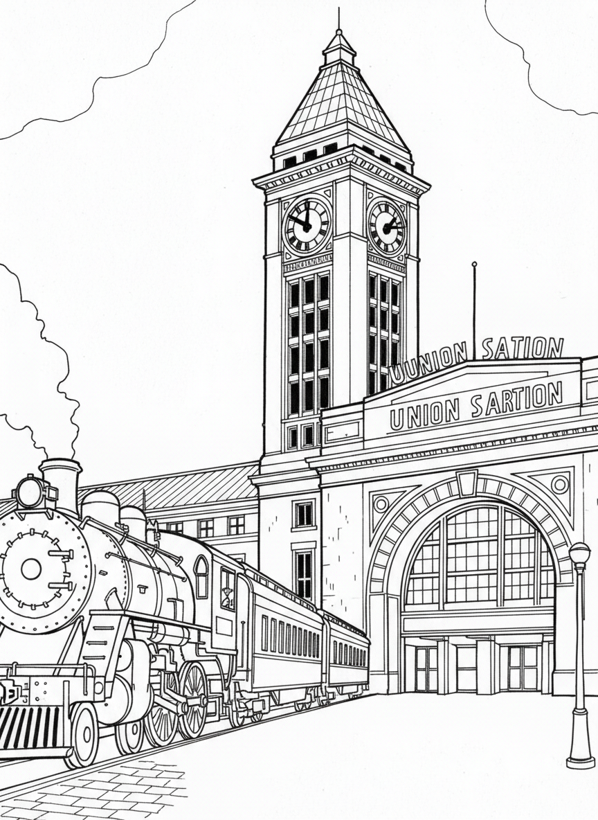 Union Station's historic clock tower and arched entrance with a vintage train pulling into the platform, architectural details for older kids.
