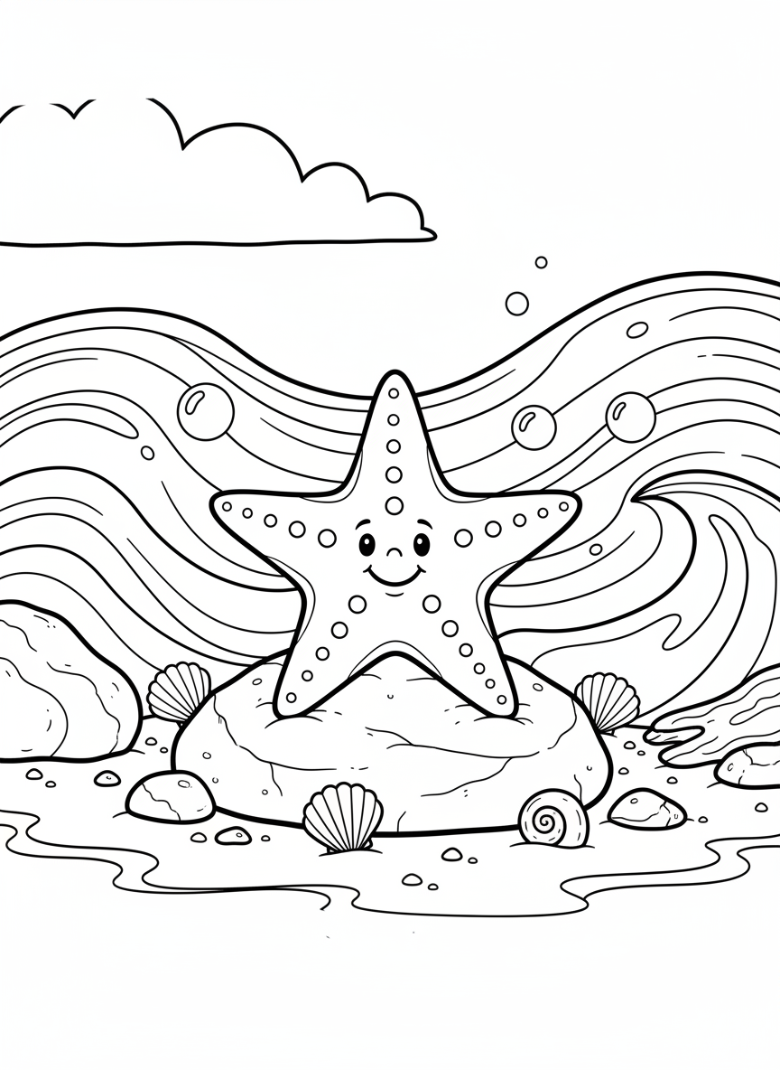 A cheerful starfish resting on a rock surrounded by small shells and pebbles, simple line art with bold outlines perfect for young children.