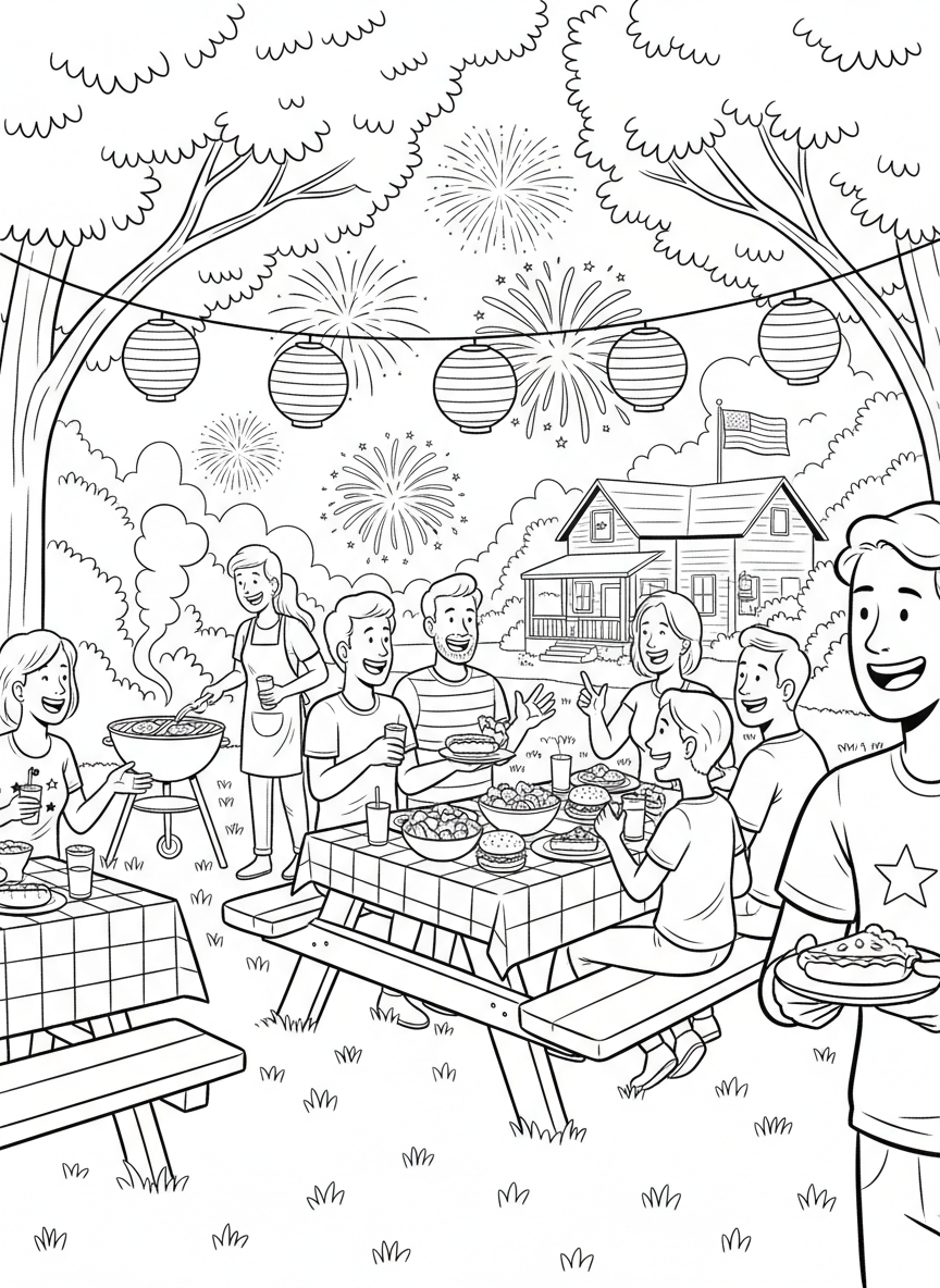 Fourth of July coloring page prompts celebrating summer patriotism, fireworks, parades, backyard traditions, and small-town American scenes.	A backyard Independence Day barbecue with picnic tables covered in checkered cloth, a smoking grill nearby, and friends laughing as lanterns glow softly in the warm evening air.