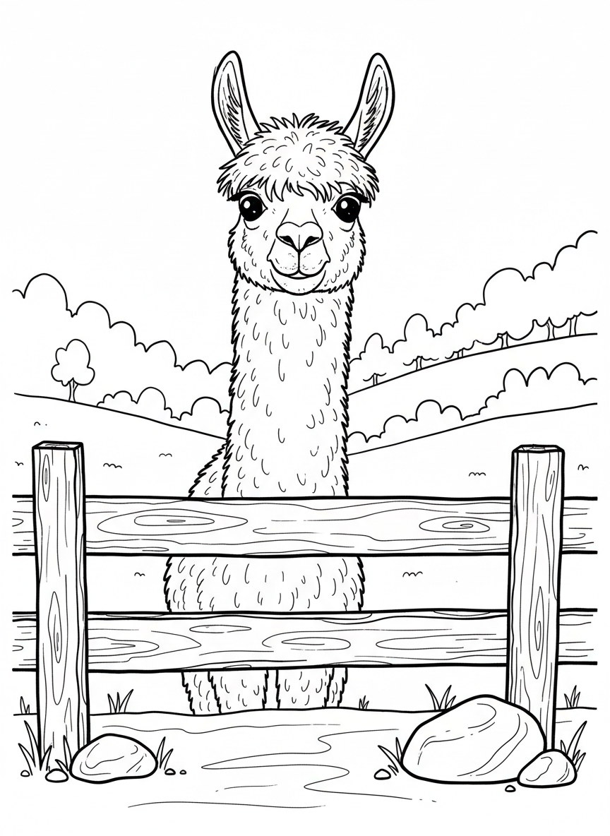 An alpaca peeking over a wooden fence, with just its head and long neck visible, looking curious.