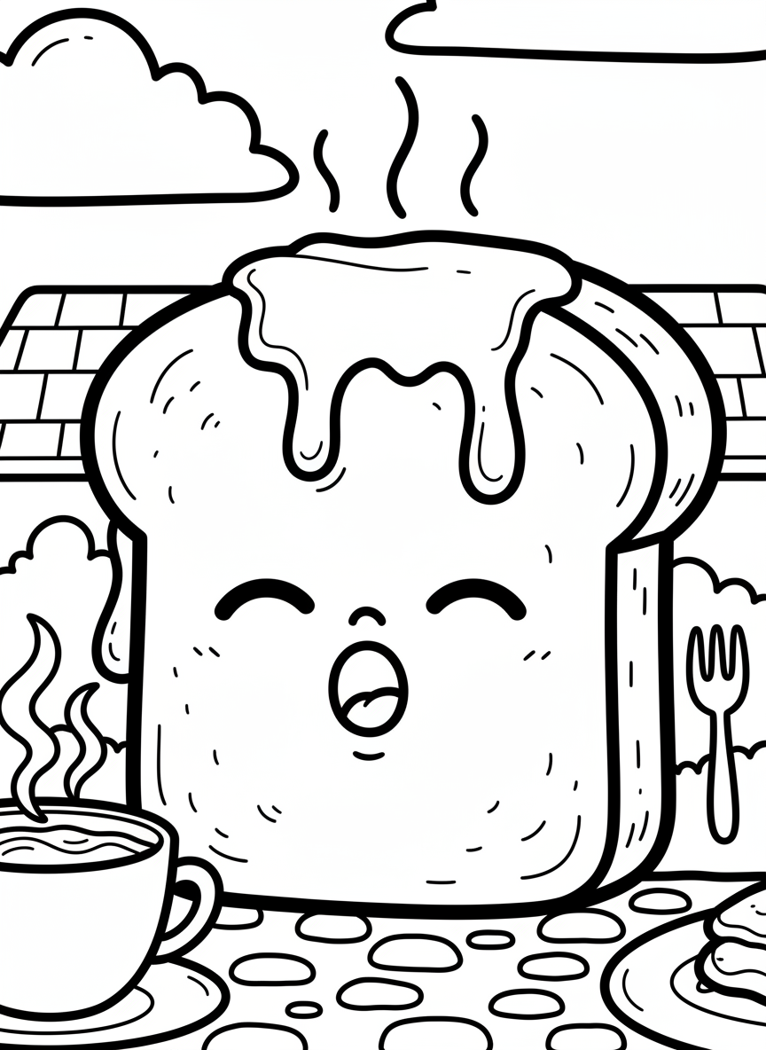 An adorable kawaii toast with butter melting on top, showing a sleepy yawning expression with closed eyes