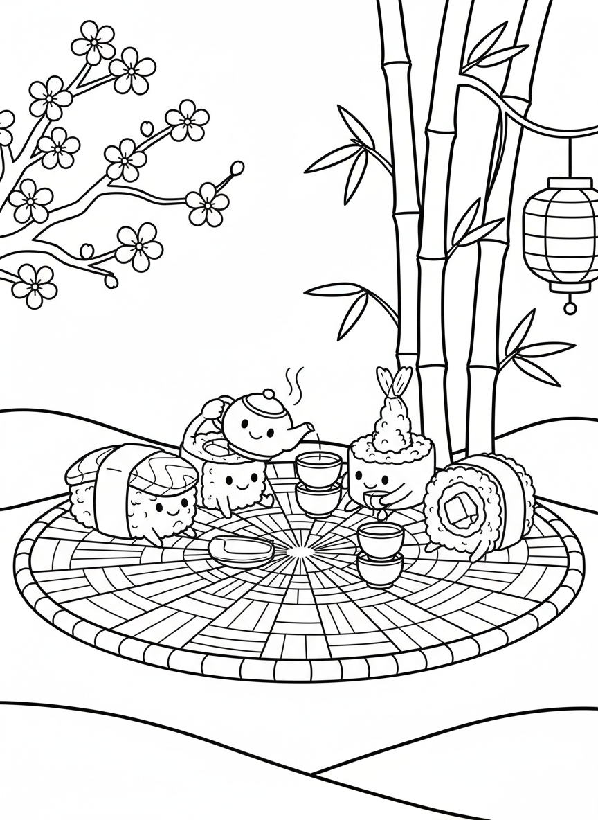 A playful scene of sushi characters having a tea party with a teapot and cups on a mat