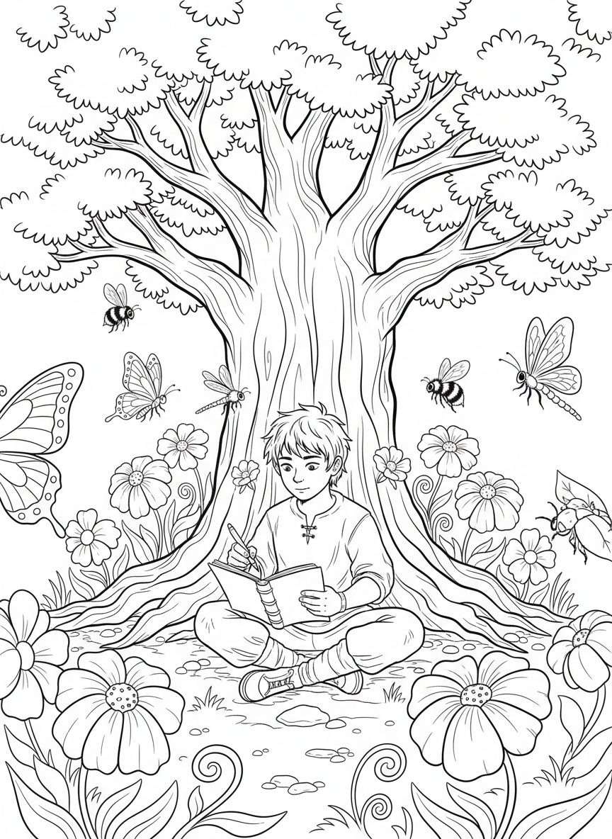 A young adventurer sketching in a nature journal while sitting under a big tree, with flowers and insects nearby.