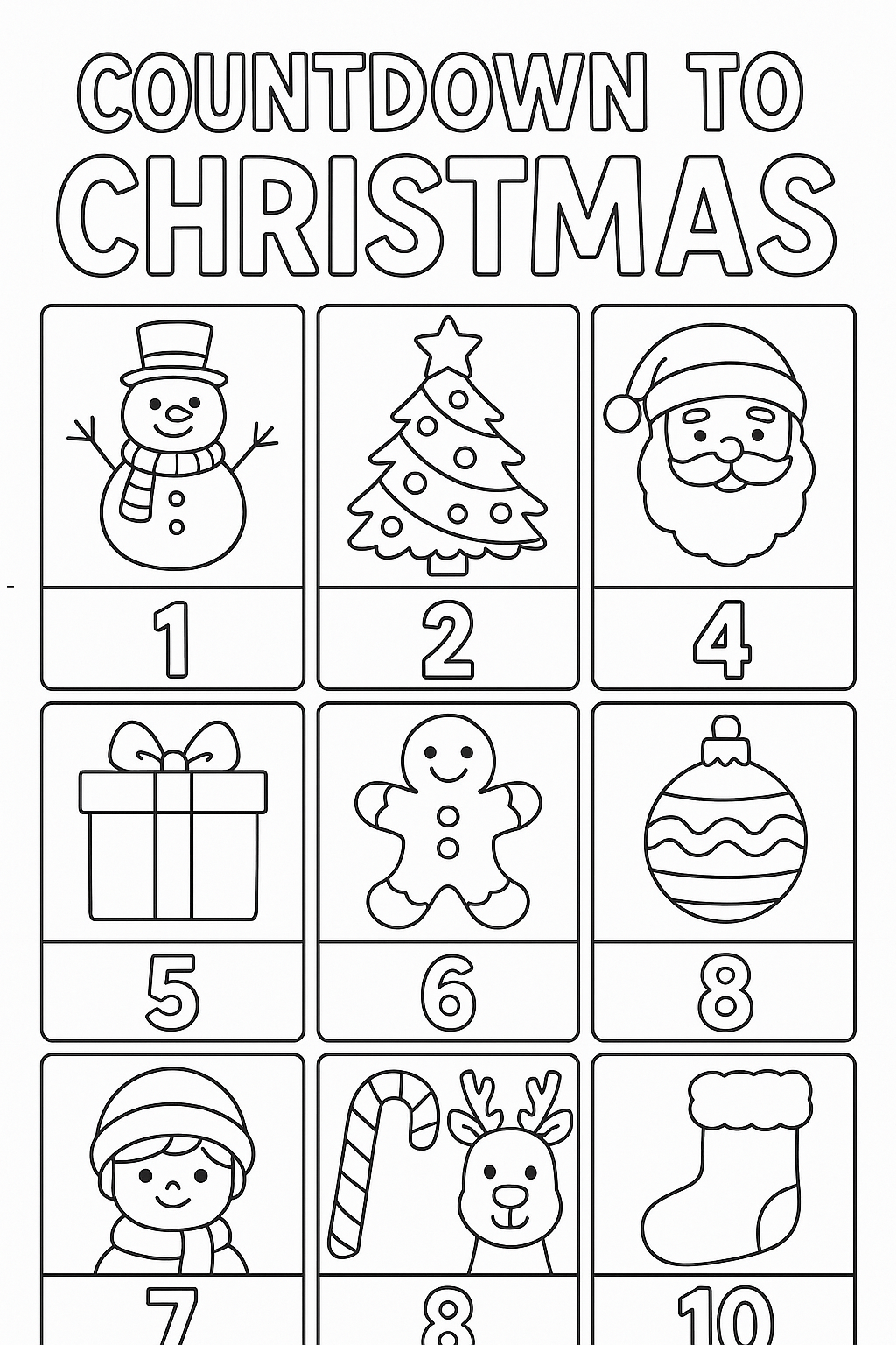 Countdown christmas calendar with 10 different coloring pages displayed
