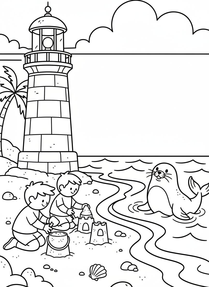 A playful scene with a lighthouse, children building sandcastles on the beach, and a friendly seal watching from the water