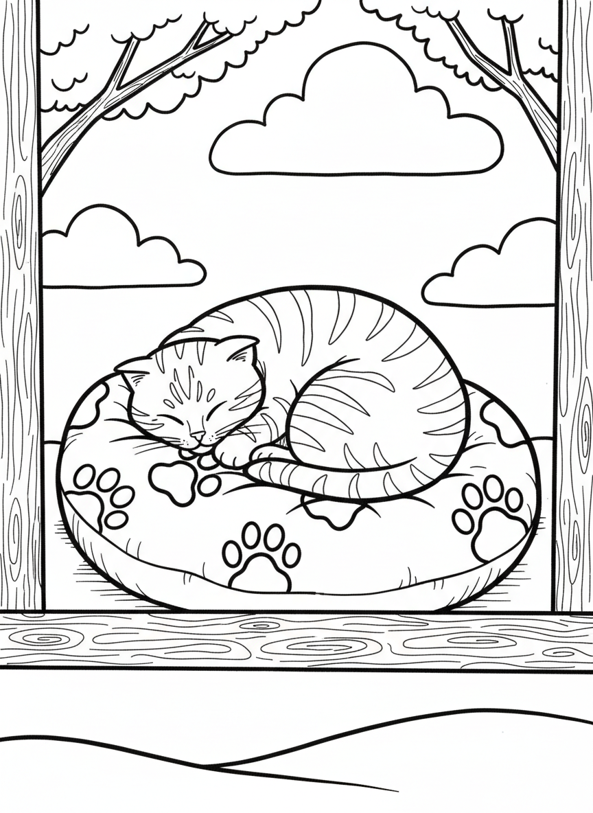 A tabby cat curled up sleeping on a cozy cushion with paw prints decorating the pillow, peaceful scene.