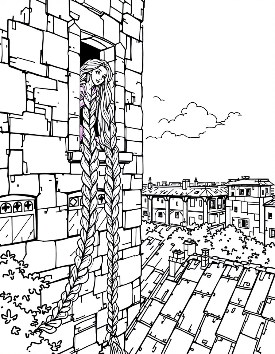 Rapunzel in a tower window with her extremely long braided hair flowing down the side, simple line drawing