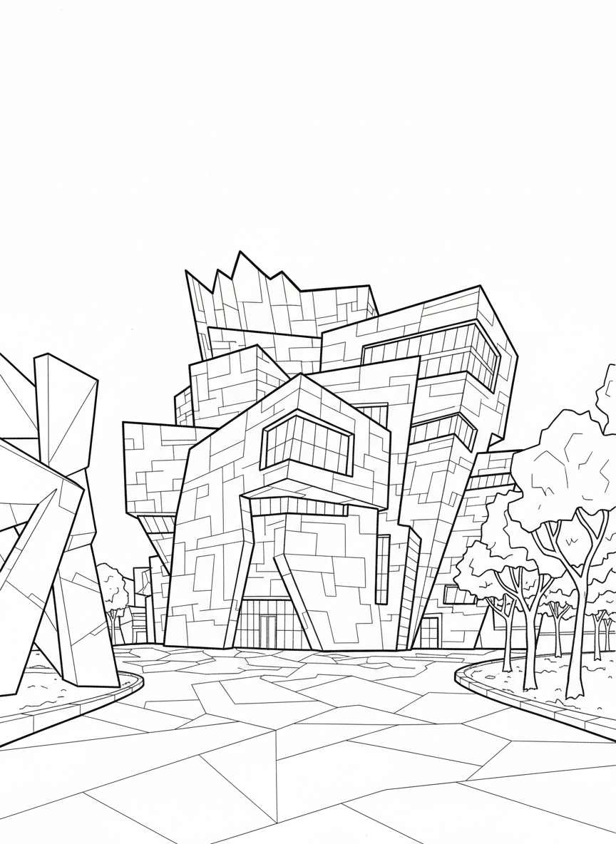 The Denver Art Museum's distinctive angular modern architecture with geometric shapes and patterns, challenging design for older children.