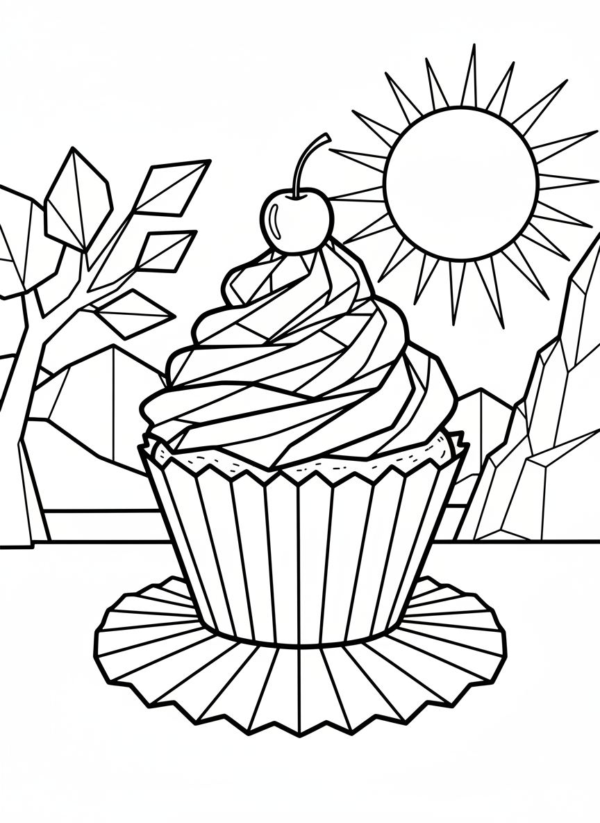 A cute origami cupcake with geometric paper-fold wrapper pleats and swirled frosting made of angular spiral lines, topped with a cherry.