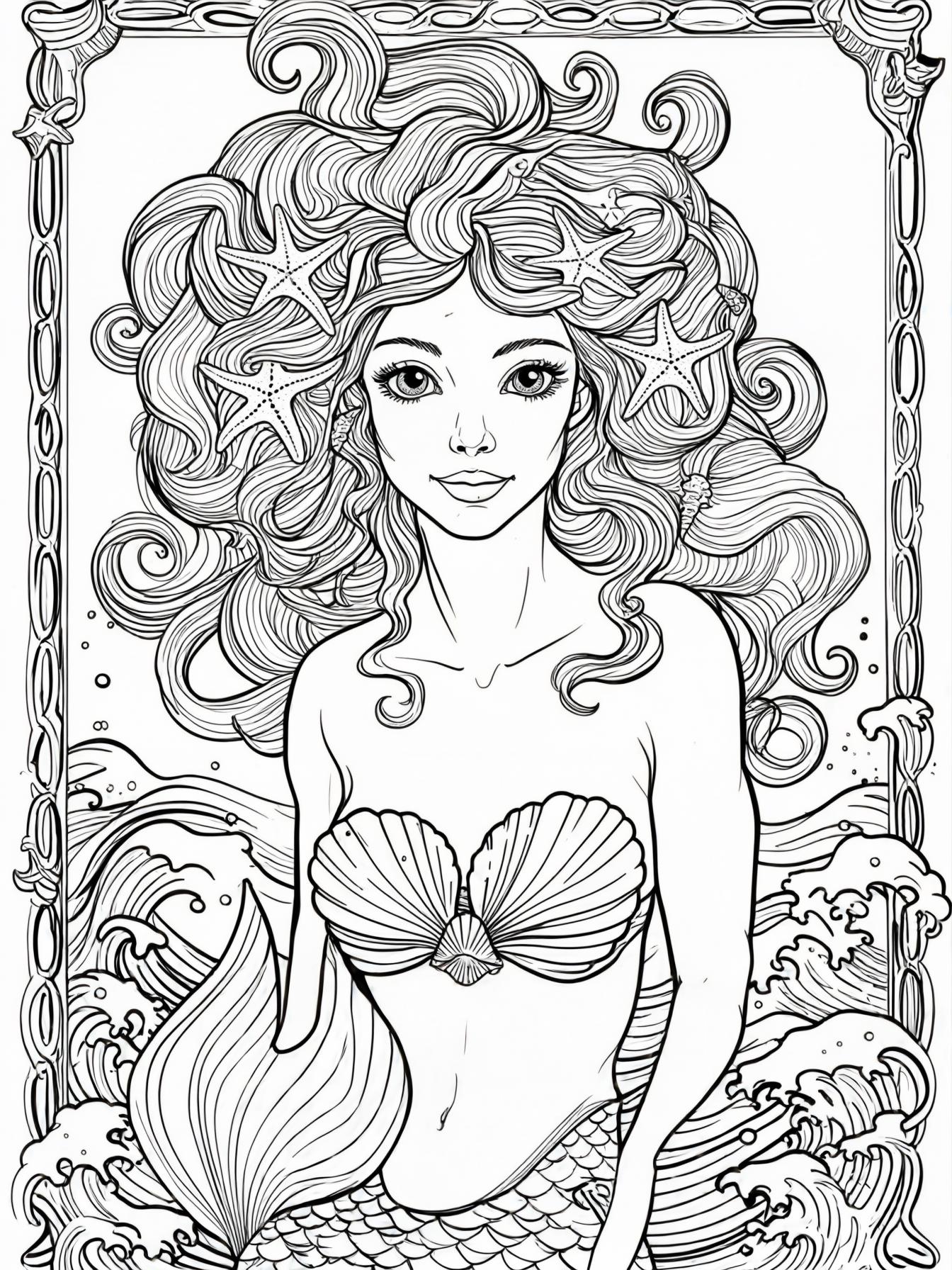 Elegant mermaid portrait with elaborate hairstyle decorated with starfish and shells, shoulders and tail visible, ornamental border of ocean waves, detailed coloring page
