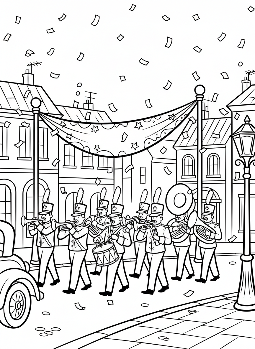 A colorful parade scene with confetti falling, showing a marching band passing under a welcome banner.