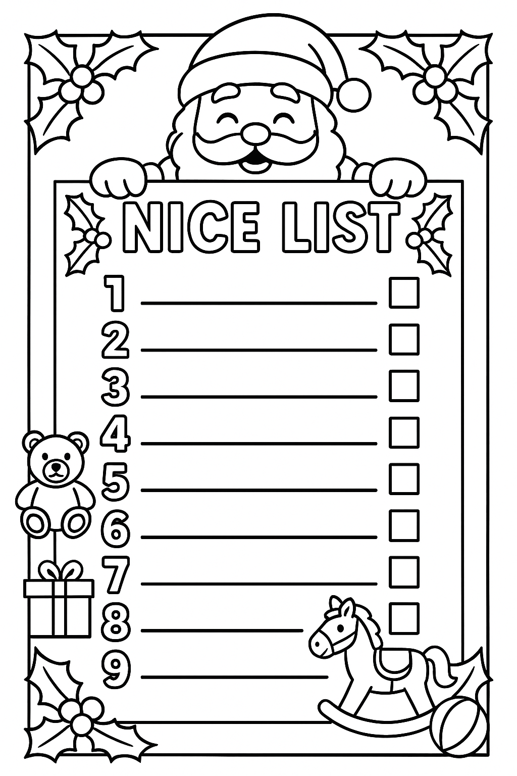 Santa's list coloring template: decorative header with Santa, Nice List title, numbered lines, holly border, checkboxes, toy doodles in margins, thick outlines, customizable wish list page