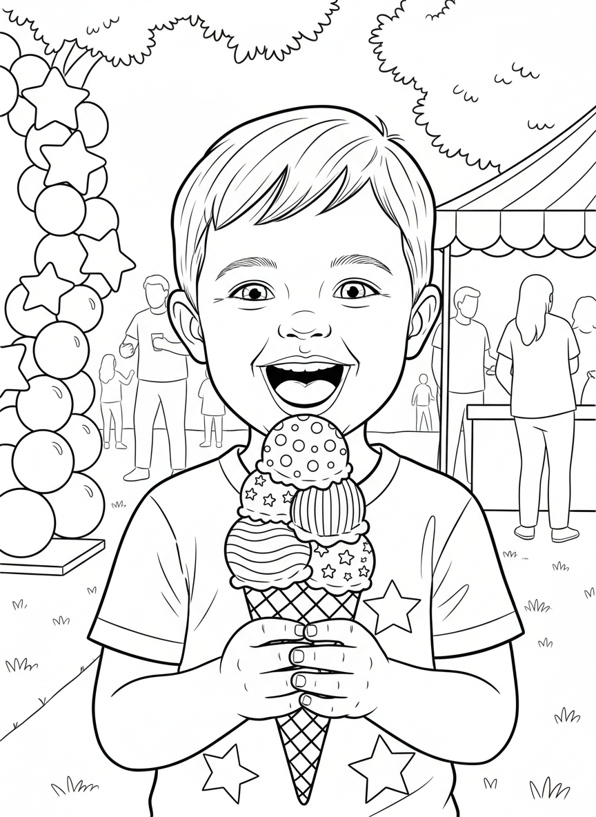 A patriotic ice cream cone with red, white, and blue scoops, held by a smiling child at an outdoor celebration.