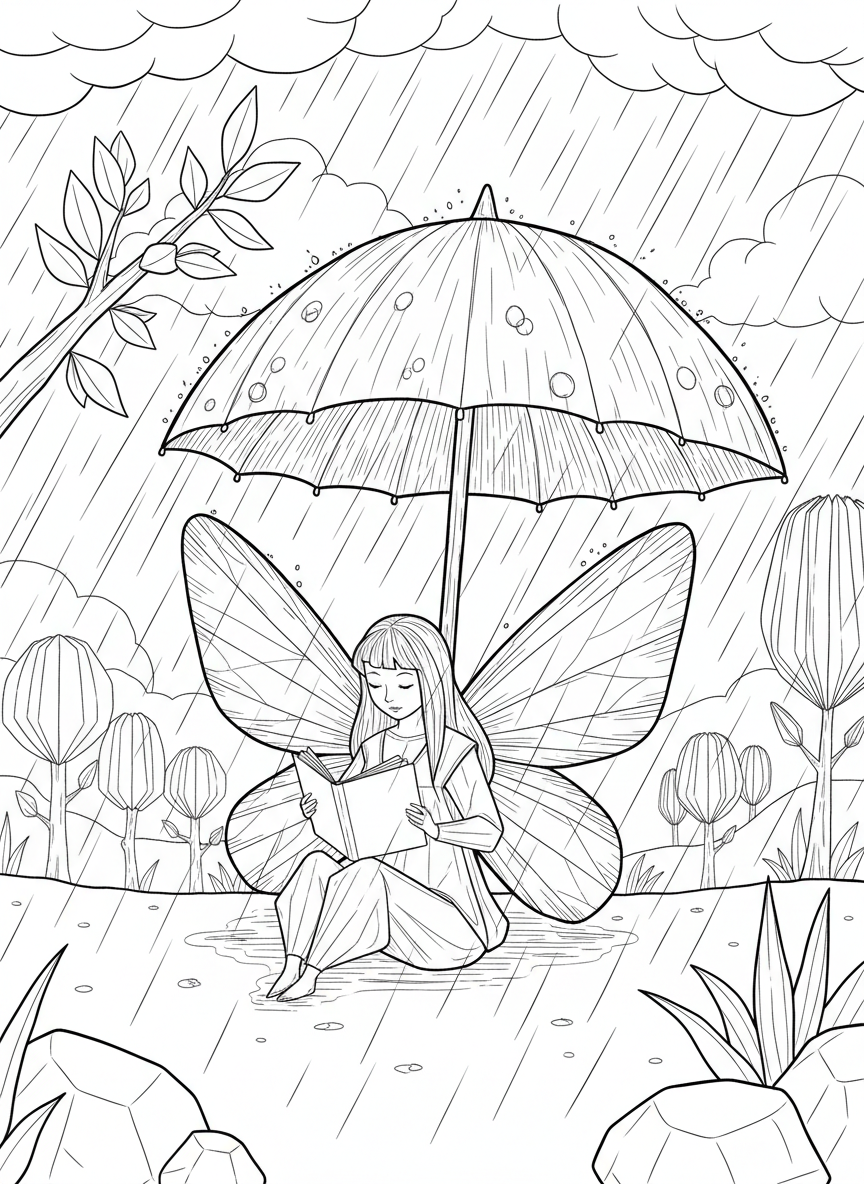 An origami fairy with butterfly-shaped wings reading a tiny book under a paper-folded mushroom umbrella during rain